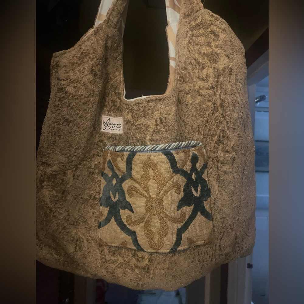 Peace Of Thread Brown Patterned Boho Tote Bag with Front Pocket